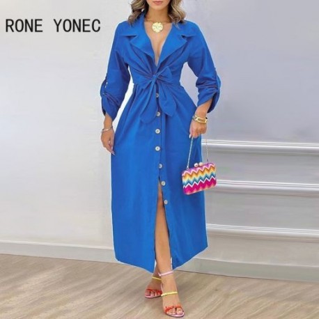 Szín: kék L - Női elegáns divatos, tömör gombos, lehajtható gallérú masni Bodycon Maxi farmer ruhák