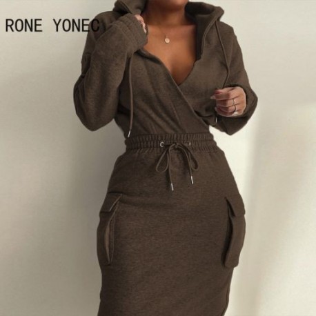 Szín: Sötétbarna XL - Női tömör kapucnis ragasztószalagos, hétköznapi becsomagolt ruha, hosszú ujjú zsebes, rugalmas