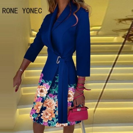 Szín: kék M - Elegáns női, háromnegyedes ujjú, fűzős vonalú mini redőzött hivatalos munkaruhák