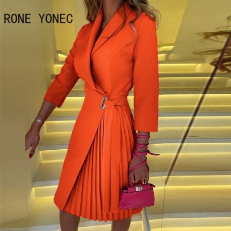 Szín: narancssárga M - Elegáns női, háromnegyedes ujjú, fűzős vonalú mini redőzött hivatalos munkaruhák