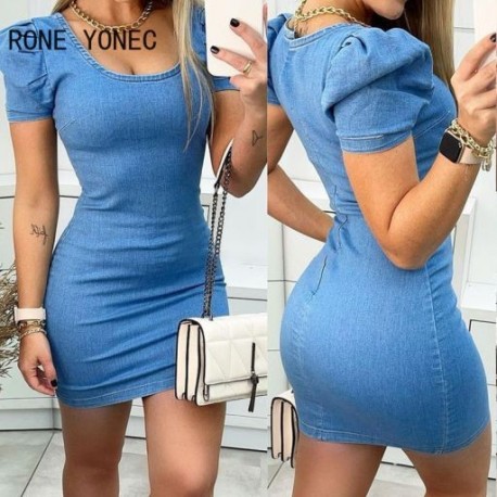 Szín: kék L - Női elegáns divat tömör, rövid, puffos ujjú, cipzáras Bodycon mini farmerruhák