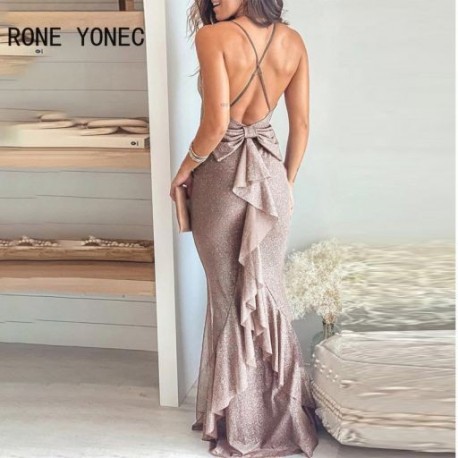 Szín: Champagne L - Női szexi spagetti pántos masni, hát nélküli flitterek Bodycon mini szexi sellő formális parti