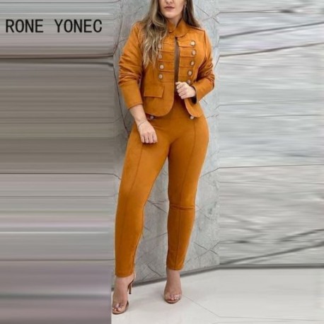 Szín: Camel XL - Női tömör, elegáns gombos állványgallér rövid felsők Skinny Pencil Pants blézer szettek