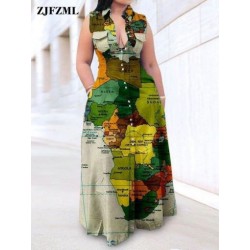 Szín: zöld XXXL - Nyári világtérkép nyomtatás Női ingruhák Vintage lehajtható gallérral egysoros Vestidos Smart
