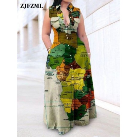 Szín: zöld XXXL - Nyári világtérkép nyomtatás Női ingruhák Vintage lehajtható gallérral egysoros Vestidos Smart