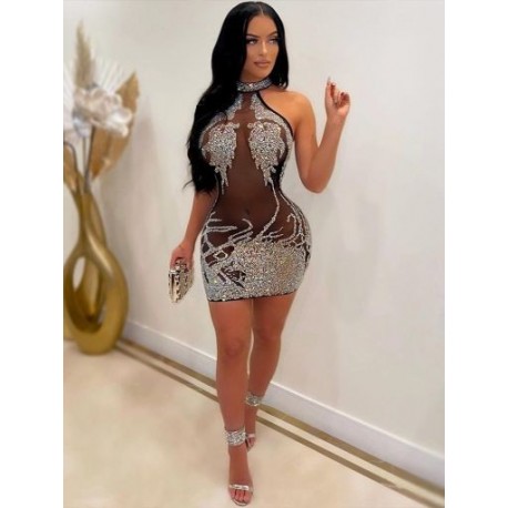 Szín: fekete L - Nightclub Mesh Hot Drill Bodycon ruha nőknek Szexi Vállal szemben Vestidos Elegáns alakformáló báli