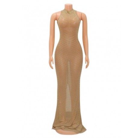 Szín: arany XL - Csillogó kristály strassz Bodycon Maxi ruha Női Esküvői Esküvői Hátsó hálós Átlátszó Night Party