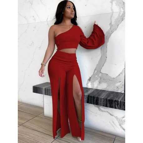 Szín: piros S - Női, 2 részes szett, elegáns tréningruha, egy vállú, kiszélesedő ujjú Crop top és dupla magas
