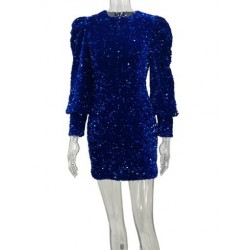 Szín: kék XL - Őszi Téli Csillogó flitter koktél báli ruha Női Crewneck hosszú, puffos ujjú estélyi ruhák Retro