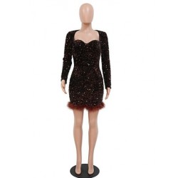 Szín: Kávé XXL - Vintage csillogó flitteres tollas szegélyvonalú Bodycon koktélruhák női szögletes gallér hosszú