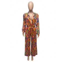 Szín: narancssárga XL - Húzózsinóros elasztikus derékbombázó női jumpsuit Vintage lehajtható galléros hosszú ujjú