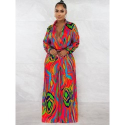 Szín: Piros XL - Húzózsinóros elasztikus deréknadrág Női Jumpsuit Vintage Turn Down galléros hosszú ujjú overál
