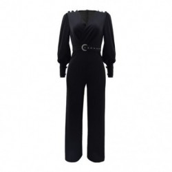 Szín: fekete XL - Elegáns divatos női üzleti formális jumpsuit Elegáns, mély V nyakú, teljes lámpás ujjú overál