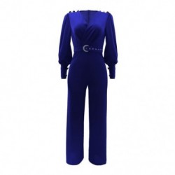 Szín: kék XL - Elegáns divatos női üzleti formális jumpsuit Elegáns, mély V nyakú, teljes lámpás ujjú overál