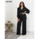 Szín: kék XL - Elegáns divatos női üzleti formális jumpsuit Elegáns, mély V nyakú, teljes lámpás ujjú overál