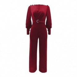 Szín: Piros XL - Elegáns divatos női üzleti formális jumpsuit Elegáns, mély V nyakú, teljes lámpás ujjú overál