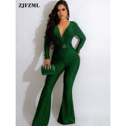 Szín: zöld XL - Midnight Sparly Clubwear Rompers Női Jumpsuit Sexy Deep V Neck Hosszú ujjú Party Overalls Elegáns Fashion
