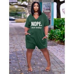 Szín: zöld XL - Nappali ruházat Letter Print Nyomtatók Női Body Nyári Mély V nyakú, Rövid ujjú Egyrészes Playsuit