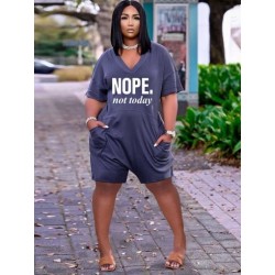 Szín: kék XL - Nappali ruházat Letter Print Nyomtatók Női Body Nyári Mély V nyakú, Rövid ujjú Egyrészes Playsuit
