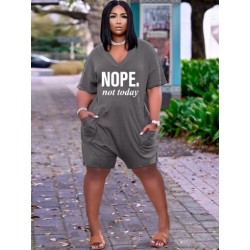 Szín: szürke XL - Nappali ruházat Letter Print Nyomtatók Női Body Nyári Mély V nyakú, Rövid ujjú Egyrészes Playsuit
