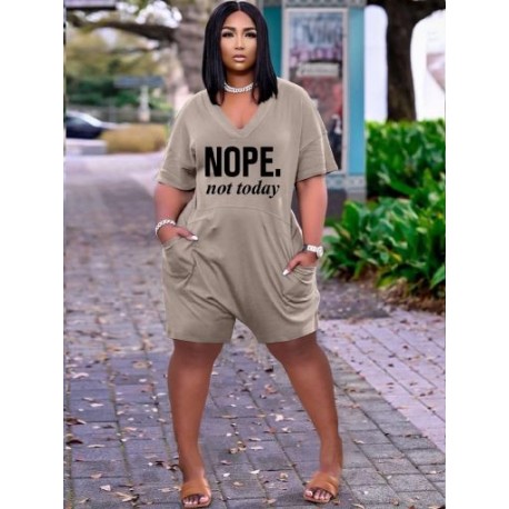 Szín: Khaki XL - Nappali ruházat Letter Print Nyomtatók Női Body Nyári Mély V nyakú, Rövid ujjú Egyrészes Playsuit