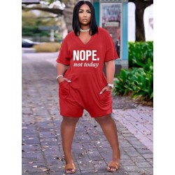 Szín: Piros XL - Nappali ruházat Letter Print Nyomtatók Női Body Nyári Mély V nyakú, Rövid ujjú Egyrészes Playsuit