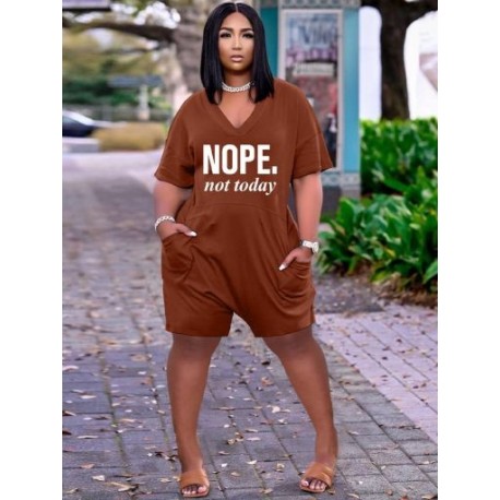 Szín: kávé XL - Nappali ruházat Letter Print Nyomtatók Női Body Nyári Mély V nyakú, Rövid ujjú Egyrészes Playsuit