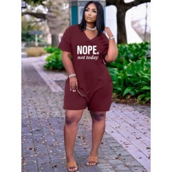 Szín: bordó XL - Nappali ruházat Letter Print Nyomtatók Női Body Nyári Mély V nyakú, Rövid ujjú Egyrészes Playsuit