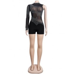 Szín: fekete L - Csillogó strasszok Party Clubwear Playsuit Elegáns Női Fekete Egyujj nélküli Jumpsuit Vintage Mesh