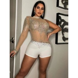 Szín: sárgabarack L - Csillogó strasszok Party Clubwear Playsuit Elegáns Női Fekete Egyujj nélküli Jumpsuit Vintage Mesh