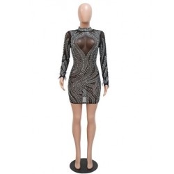 Szín: fekete XXL - Vintage női fényes, meleg gyémánt hüvelyes ruha Szexi álnyakú tollas hosszú ujjú Bodycon ruhák
