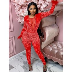 Szín: piros L - Elegáns női, áttetsző hálós, forró gyémánt strasszokkal, egyrészes jumpsuit Vintage, nyakú, hosszú