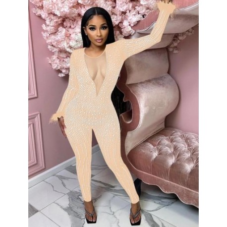 Szín: sárgabarack L - Elegáns női, áttetsző hálós, forró gyémánt strasszokkal, egyrészes jumpsuit Vintage, nyakú,