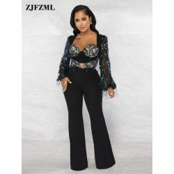 Szín: fekete XL - Csillogó flitterrel összefűzött nadrágok Női Jumpsuit négyzet gallérral, hosszú ujjú bő overálok