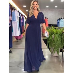Szín: kék L - Elegáns divat Női Mély V nyakú, magas derekú sifon padlóig érő ruha tavaszi nyáron oldalsó magasan