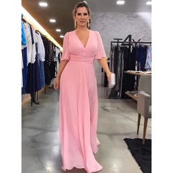 Szín: rózsaszín L - Elegáns divat Női Mély V nyakú, magas derekú sifon padlóig érő ruha tavaszi nyáron oldalsó