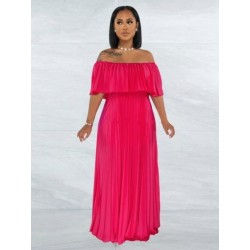 Szín: Rose Red L - 2023 tavaszi nyár női sifon redős smocked maxi ruha, klasszikus, ívelt nyakú válltól magas derékig