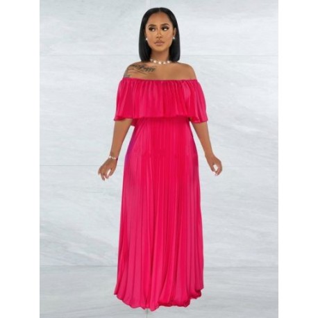 Szín: Rose Red L - 2023 tavaszi nyár női sifon redős smocked maxi ruha, klasszikus, ívelt nyakú válltól magas derékig