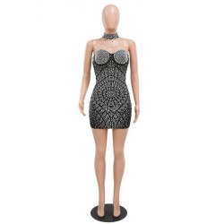 Szín: fekete L - Midnight Sparkle Hot Diamond Strassok Relax Fit Mini Ruha Női Váll nélkül Hát nélküli csomag Hip