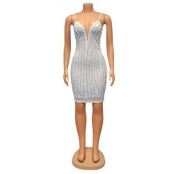 Szín: fehér XXL - Strasszos gyöngyfűzés toldott Bodycon mini ruha női spagetti pántos ujjatlan pakolás napruha Elegáns
