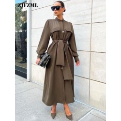 Szín: Army Green XXL - Elegáns divatos női extra hosszú ing ruha Klasszikus állógallér hosszú ujjú egyenes ruhák