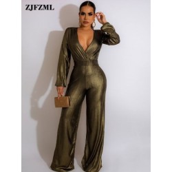 Szín: Champagne XXL - Bronzing pezsgőzöld nadrágos női jumpsuit Elegáns divat Mély V nyakú hosszú ujjú overálok