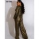 Szín: Champagne XXL - Bronzing pezsgőzöld nadrágos női jumpsuit Elegáns divat Mély V nyakú hosszú ujjú overálok