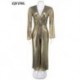 Szín: Champagne XXL - Bronzing pezsgőzöld nadrágos női jumpsuit Elegáns divat Mély V nyakú hosszú ujjú overálok