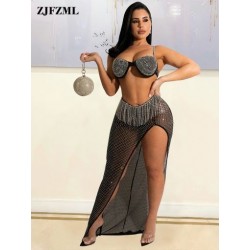 Szín: fekete XL - Hálóruha női szettek hálós strasszok átlátszó camisole melltartó felsők és bojt patchwork oldalt