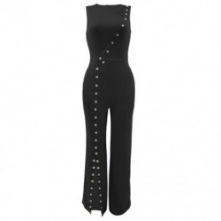 Szín: fekete L - Gombolható tervezés Munkanadrág Női Jumpsuit Elegáns Kivágás Elöl Ujjatlan Overallok Gyönyörű elöl