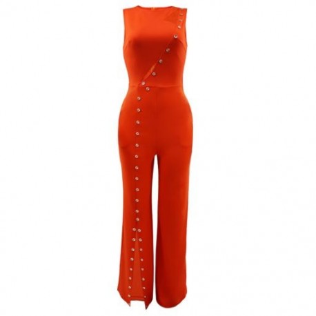 Szín: narancssárga L - Gombolható tervezés Munkanadrágok Női Jumpsuit Elegáns Kivágás Elöl Ujjatlan Overallok