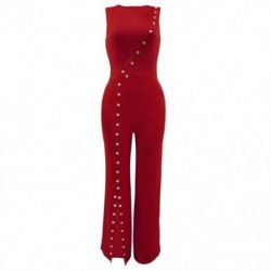 Szín: piros L - Gombolható tervezés Munkanadrág Női Jumpsuit Elegáns Kivágás Elöl Ujjatlan Overallok Gyönyörű elöl