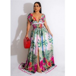 Szín: Rose Red XXL - Flok stílusú, virágmintás női pólós maxi ruhák, V nyakú, rugalmas, magas derékú elöl, osztott