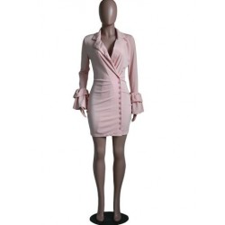 Szín: rózsaszín L - Elegáns divatos női Bodycon parti ruha Klasszikus, nyakörvű, fodros galléros hosszú ujjú ruhák